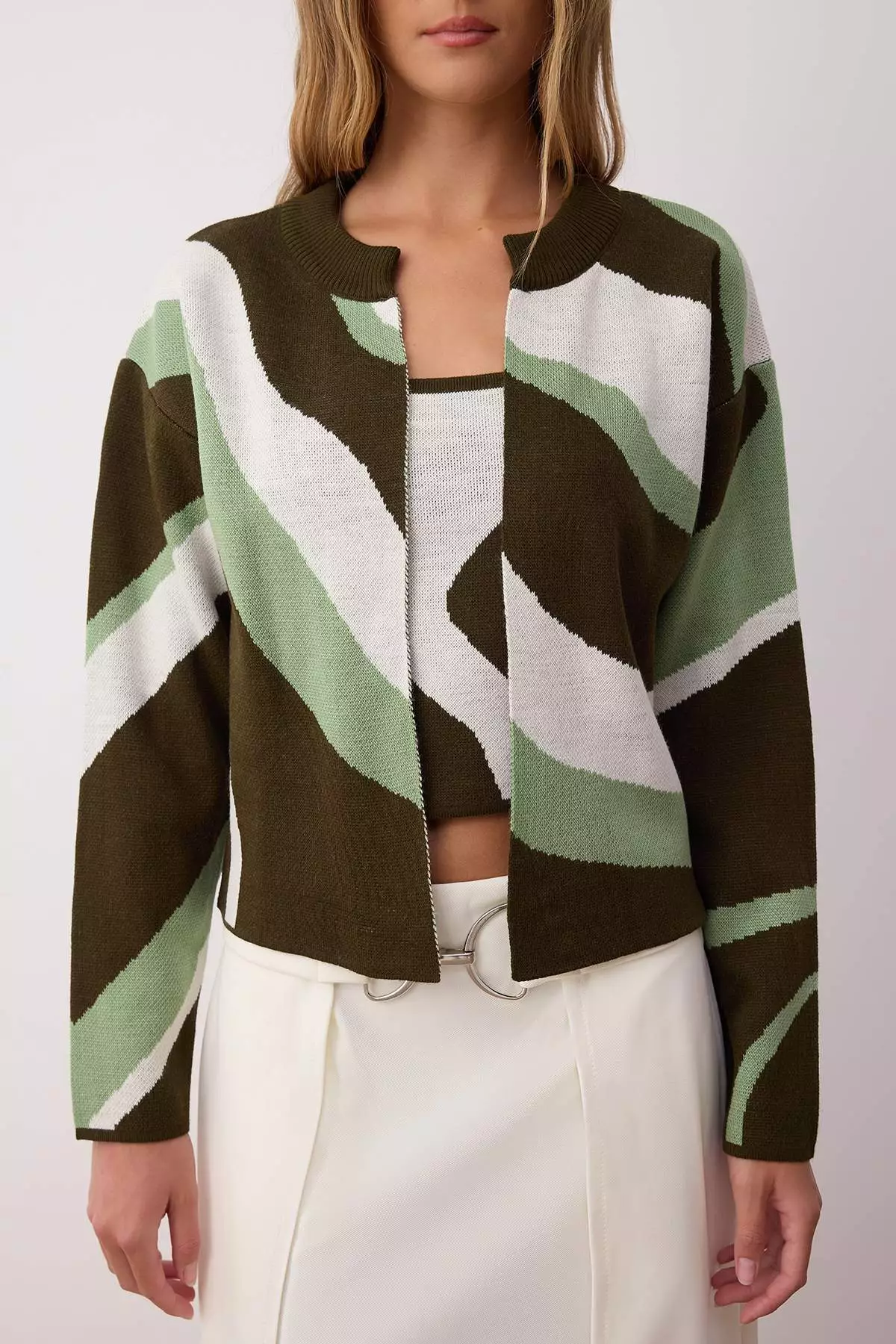 Green Patterned 2 Piece Blouse Cardigan Knitwear Cardigan
