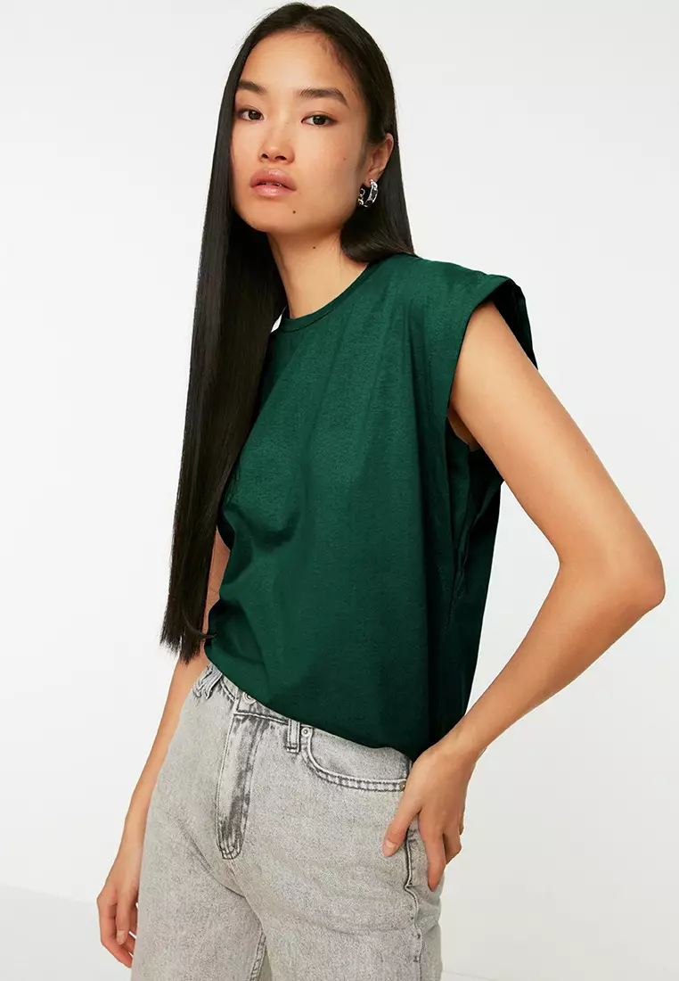 Emerald Green Detail 100% Cotton Padded Look Basic Crew Neck Knitted T-Shirt TWOSS20TS0021