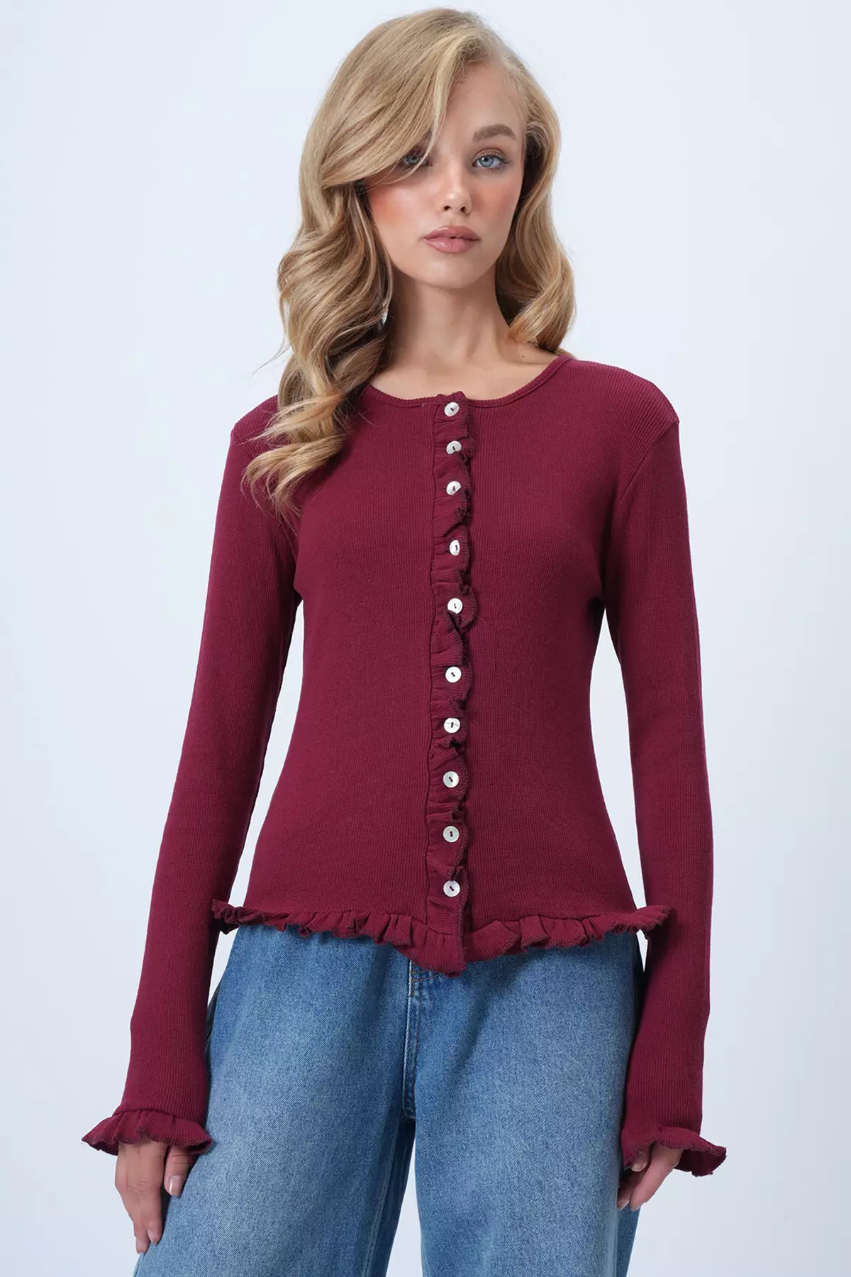 Women's Burgundy Crew Neck Ruffle Detailed Buttoned Front Knitted Blouse Alc-X14533