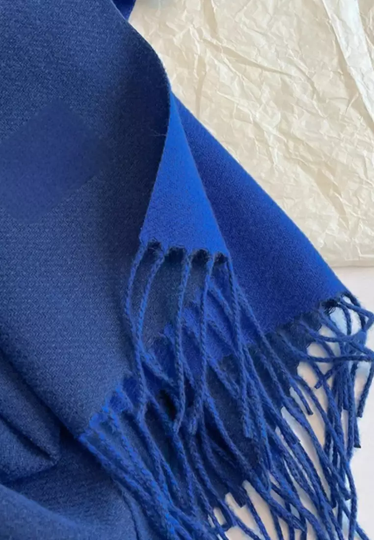 Double Side Plain Cashmere Virgin wool Pashmina Syal Wanita Dua Sisi Soft Royal Blue