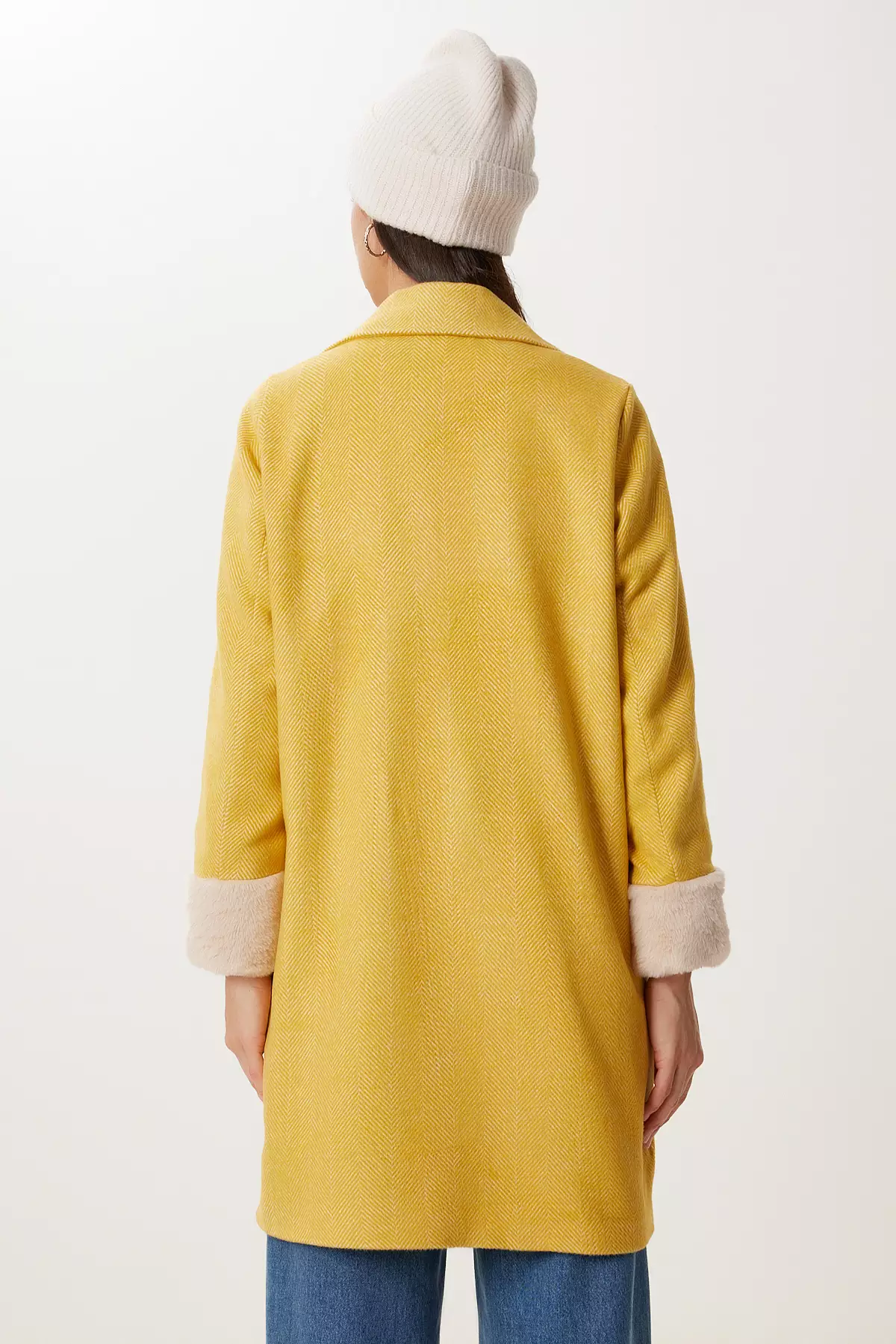 Women's Mustard Double Breasted Collar Fur Cashmere Coat Dd01367