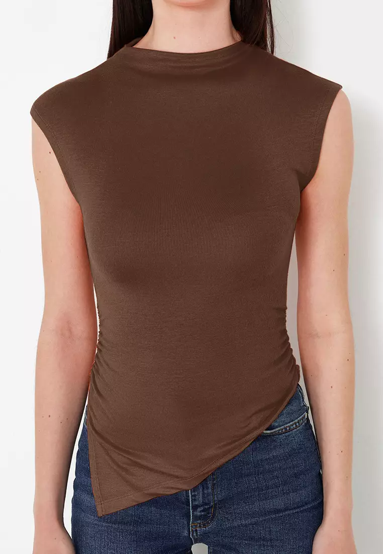 Brown Stand Collar with Gather/Drape Detail Fitted/Asymmetrical Knitted Blouse TWOSS24BZ00534