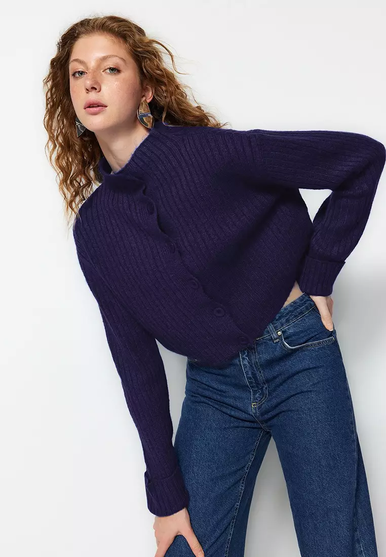 Navy Blue Crop Soft Textured Stand Collar Knitwear Cardigan