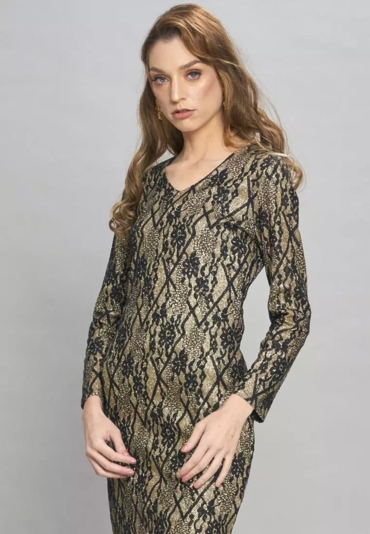 Glitter Black Gold Lace 'V' neck Modern Baju Kurung Hari Raya