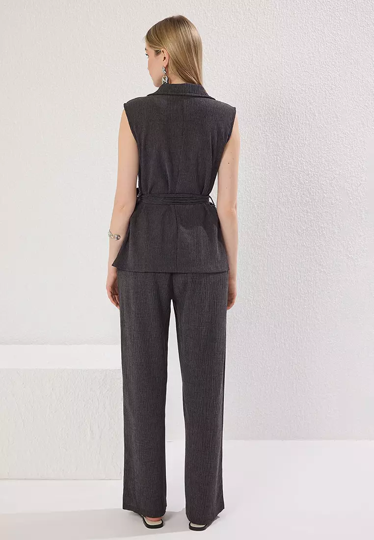 Anthracite Double Breasted Closure Wideleg/Wide Leg Knitted Bottom-Top Set Twoss25Au00005