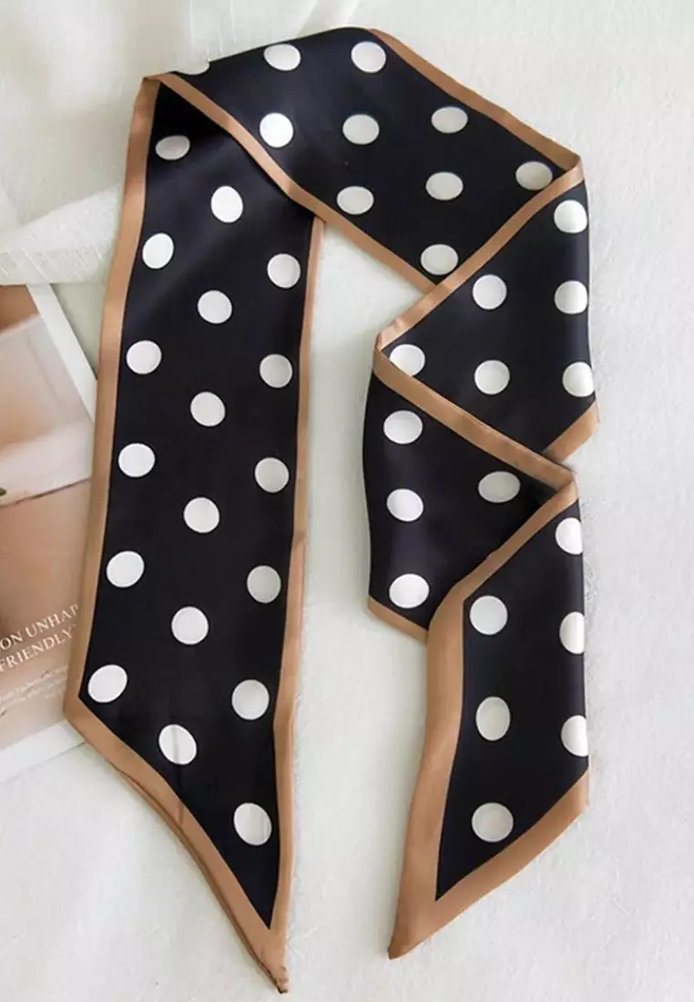 Aksesoris Wanita Polka Dots Twilly Skinny Multi purpose Scarf Black, White & Beige