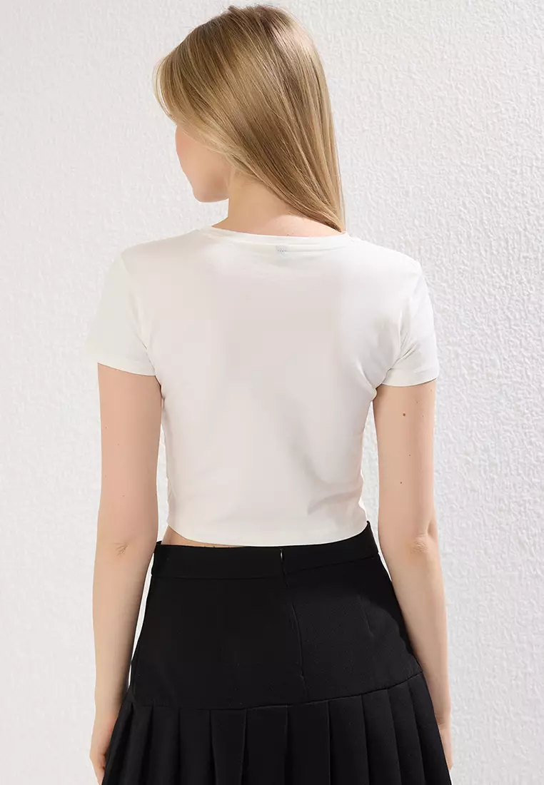 Ecru Slogan Printed Crop Fitted Knitted T-Shirt