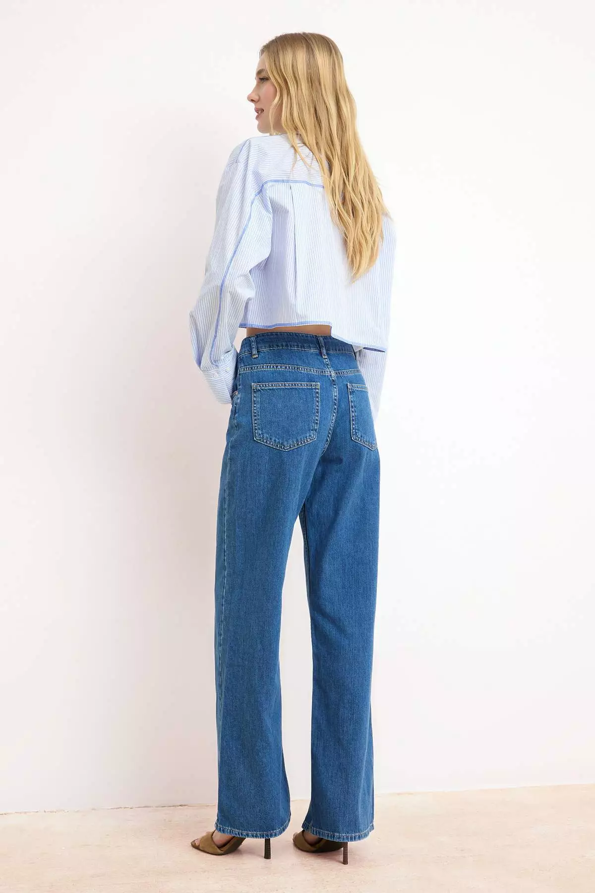 Blue Drafted High Waist Seasonal 1% Cotton Long Length Wi Wide Leg Eans Twoss26Je127