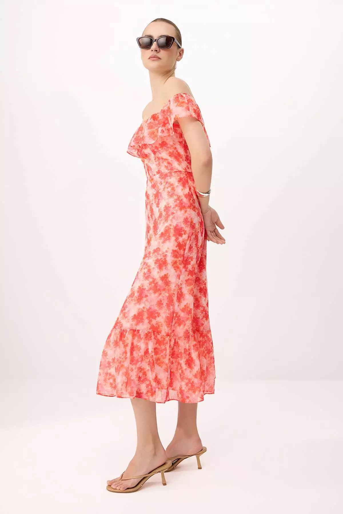 Multi-Colored Floral Skirt With Flared / Ruffled Waistband Midi Woven Dress Twoss25El278