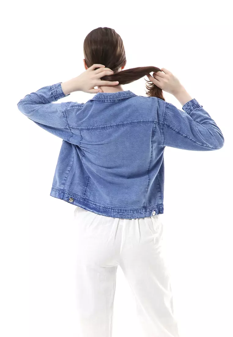 Bilah Jacket Jeans Biondy Atasan Wanita Crop All Size Premium Quality - Snow Blue