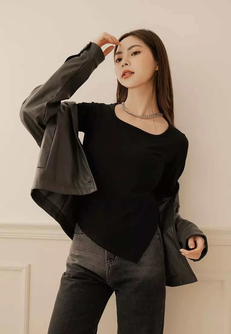 Ruched Detail Asymmetric Hem Long Sleeve Tee [AB17691]