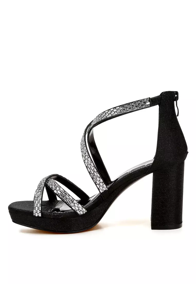 Sandal Bertali Hiasan Berlian Imitasi dalam Warna Hitam