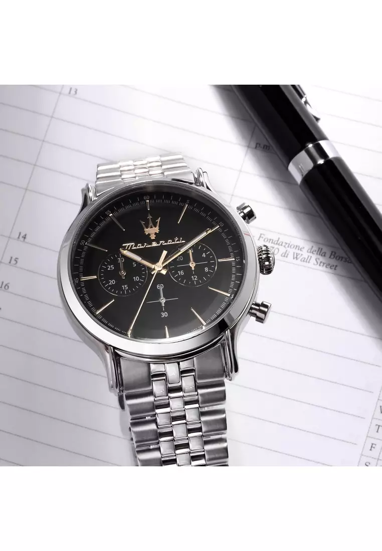 【2 Years Warranty】Maserati Epoca 42mm Black Dial Men's Stainless Steel Chronograph Quartz Watch R8873618017 With Luminous Hands