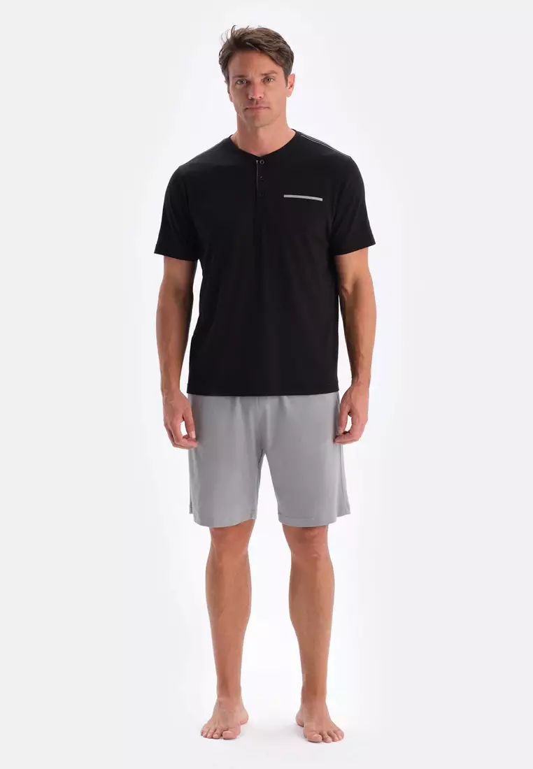 Black T-Shirt & Trousers & Shorts Knitwear Set, Crew Neck, Regular, Long Leg, Short Sleeve Sleepwear for Men