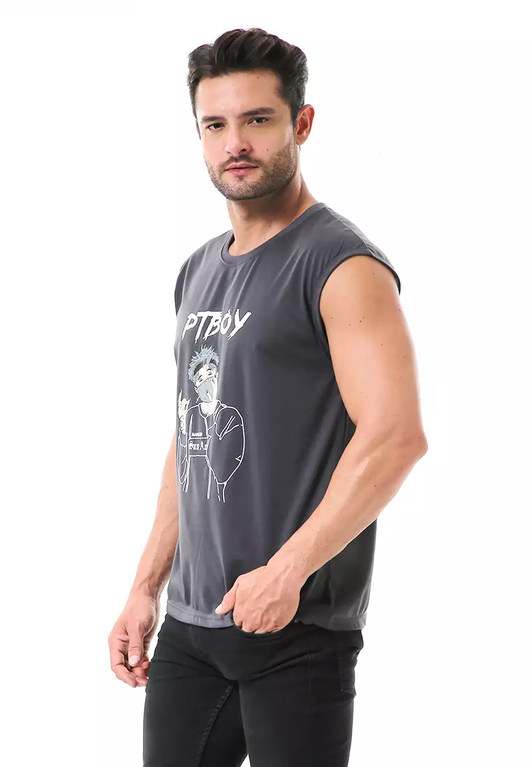 Bobby Atasan Kasual Pria Singlet Motif Ptboy Sleeveless Tshirt Material Cotton ORIGINAL - Gray