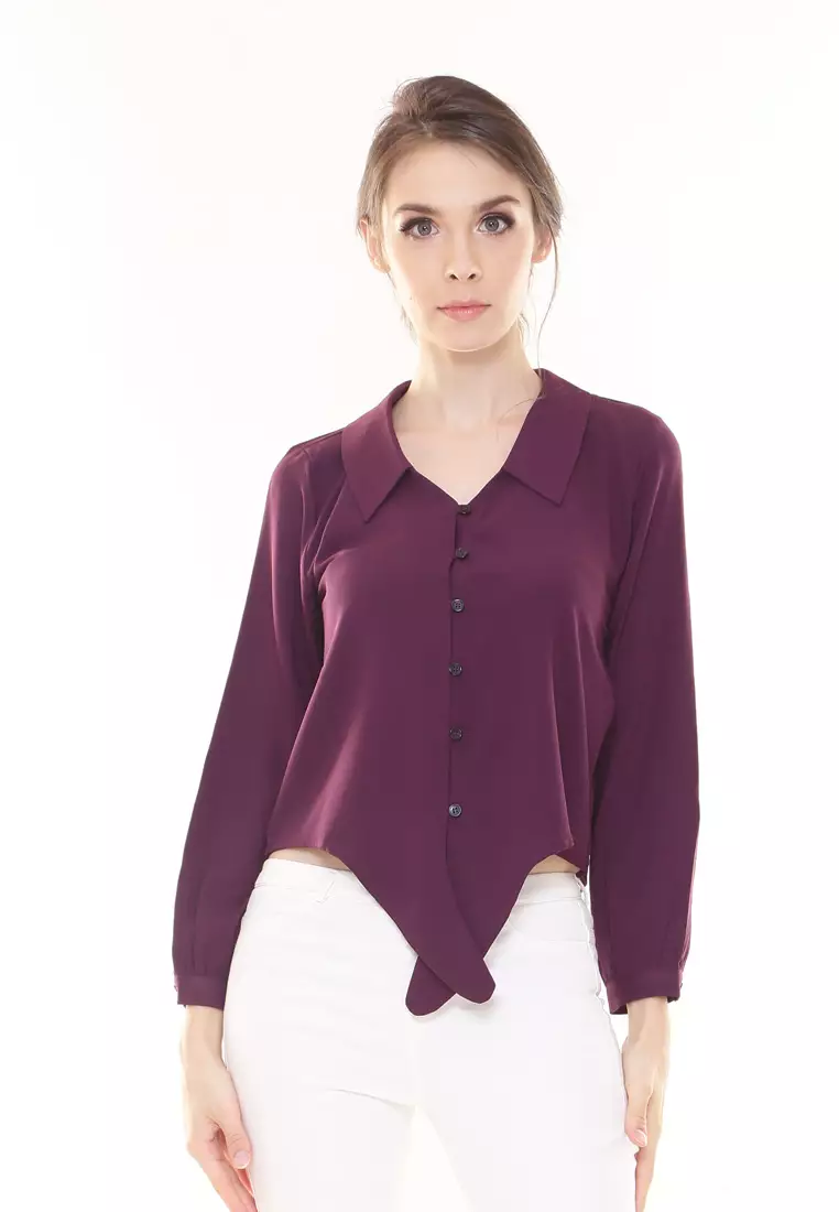 Evelyn Top Button Ribbon Tied up in Dark Purple