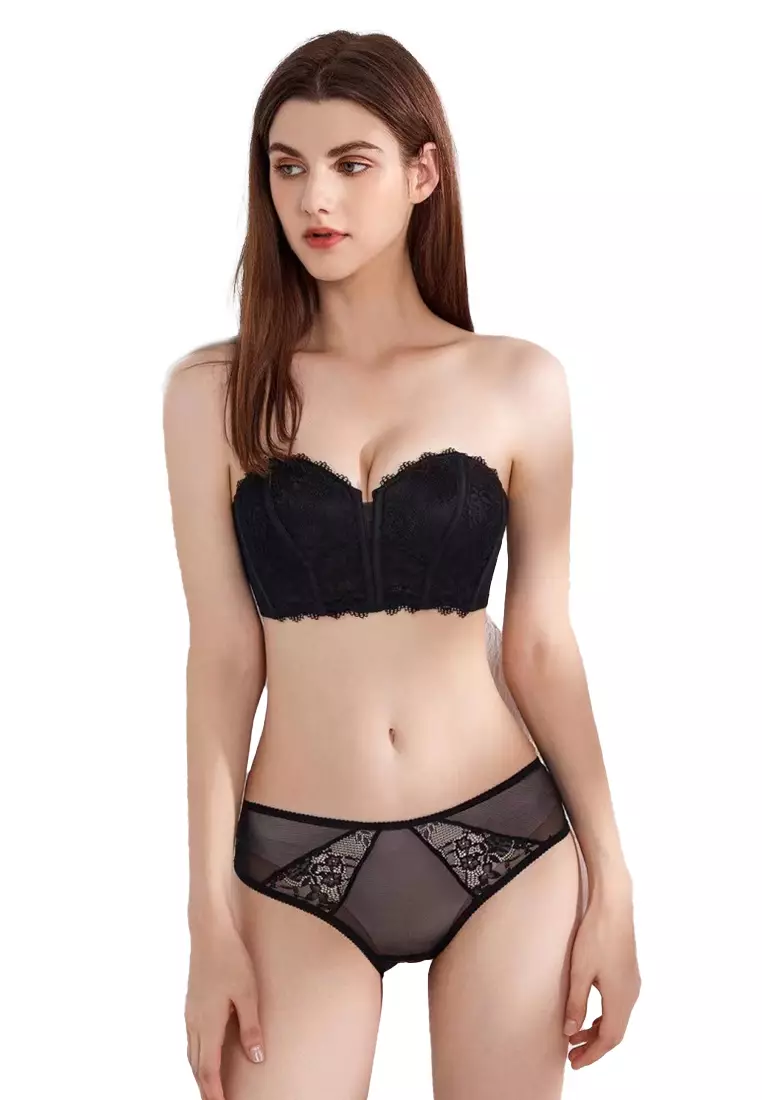 Buy Sunnydaysweety 2024 S/S European and American new lace tube top  strapless sexy strapless small chest push-up bra set CA23050461BK in Black  2024 Online