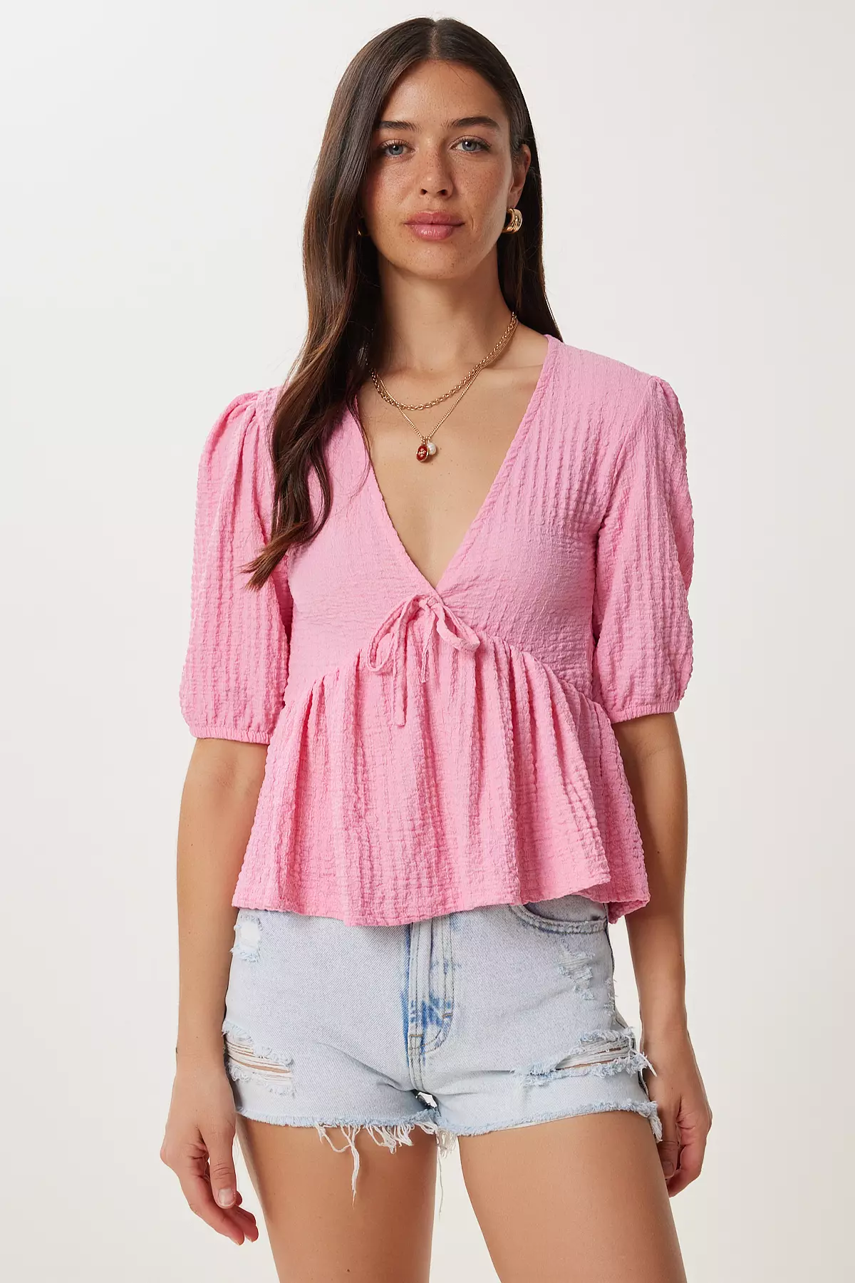 Women's Pink Textured Flounced Stretchy Crinkle Knitted Blouse Zv00338