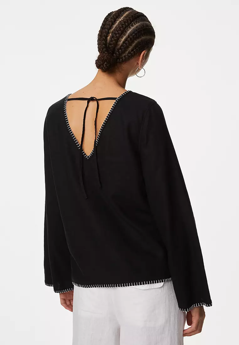 Linen Rich Tie Detail Blouse