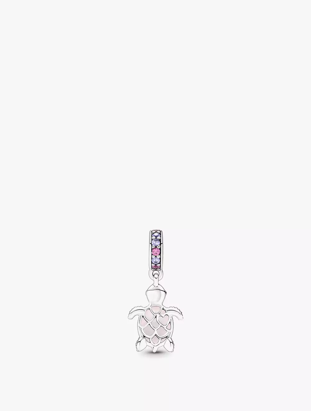 Sea turtle sterling silver dangle with frosted dichroic pink Murano glass, regal purple and phlox pink crystal