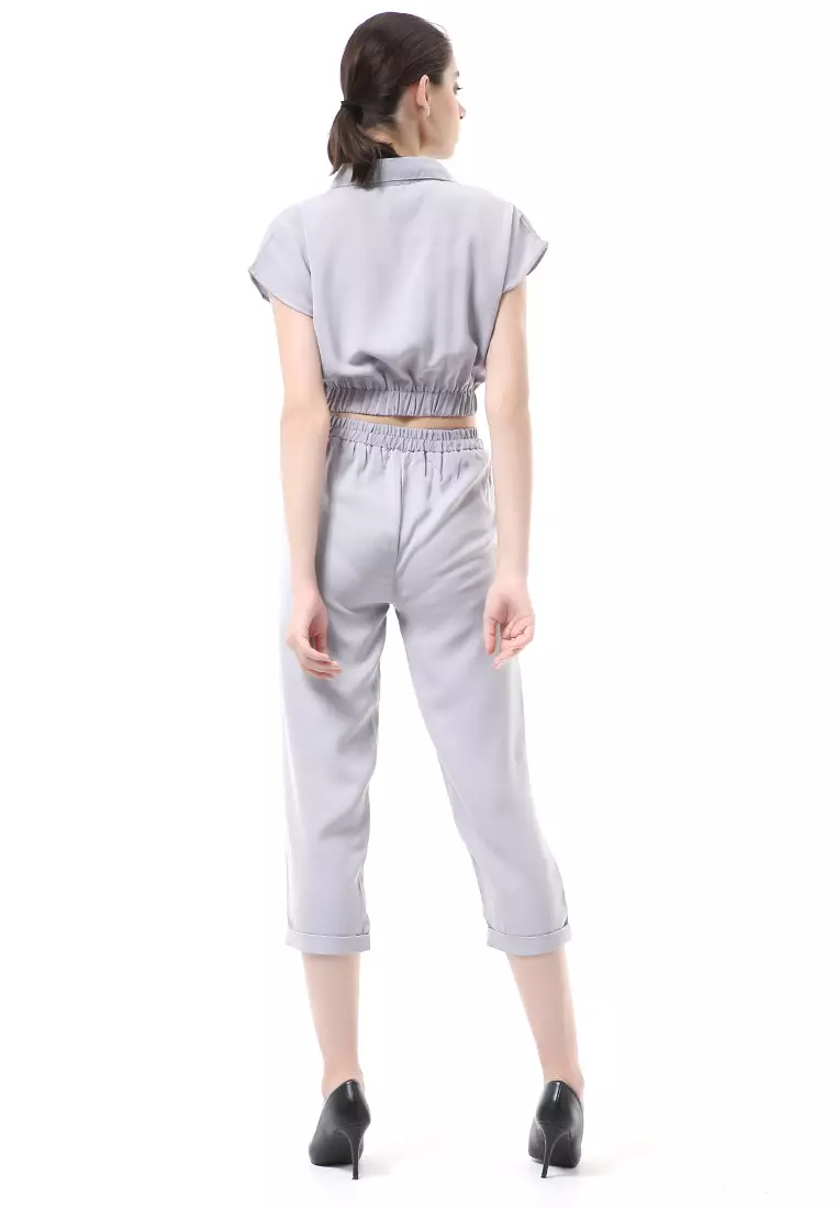 Nayra One Set Setelan Atasan Crop Karet Lengan Pendek Basic Pants Wanita Material Dolce ORIGINAL - Gray