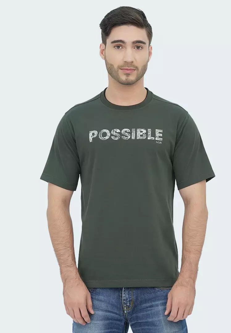LGS - Kaos Casual Pria - Sablon Tulisan Possible - Katun - Warna Hijau Army - Reguler Fit - CTS.222.S3476.01.C
