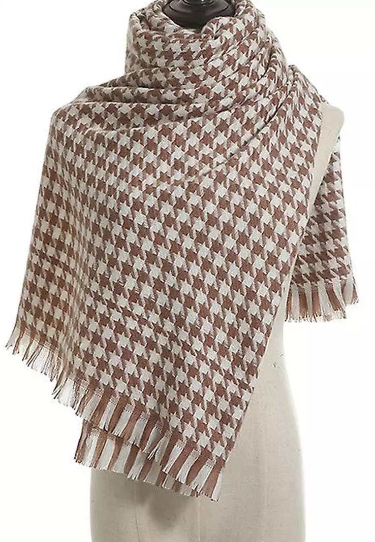 Houndstooth Cashmere Shawl Syal Wanita Khaki