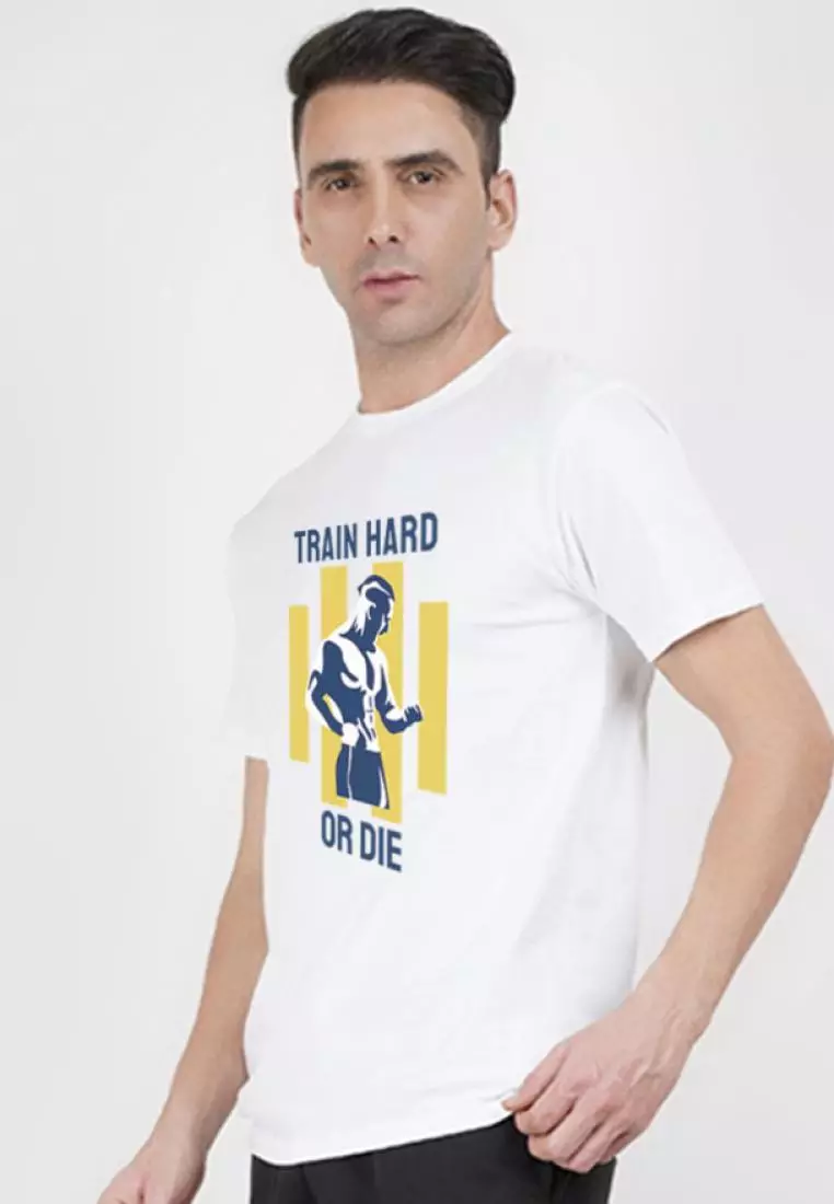 Train Hard Graphic White Cotton Blend Short Sleeve Workout/Training Tee