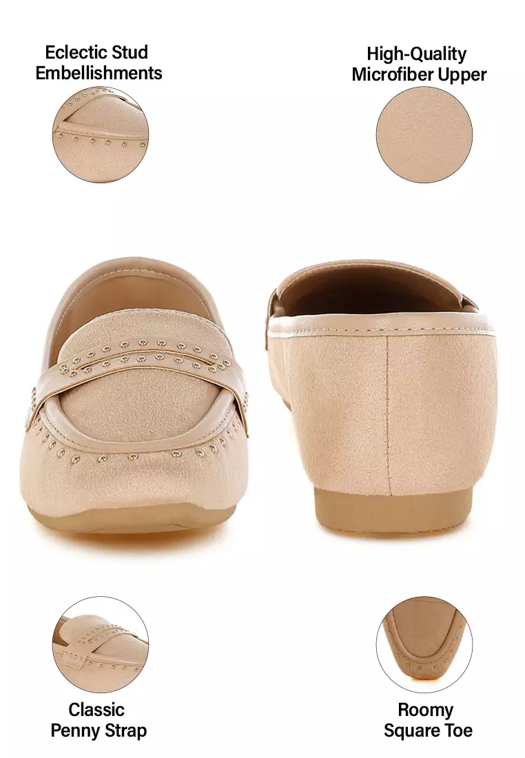 Penny Strap Studded Loafers In Beige
