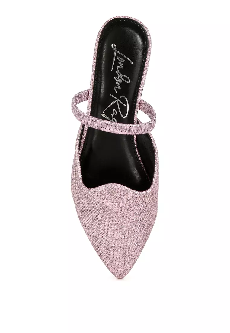 Glitter Faux Leather Flat Mules in Pink