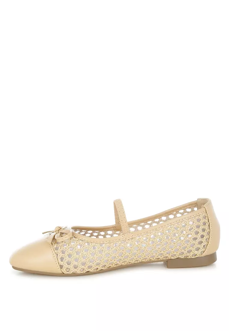 棕褐色編織蝴蝶結細節芭蕾舞平底鞋