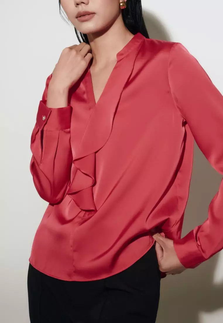Satin Asymmetric Ruffled Blouse