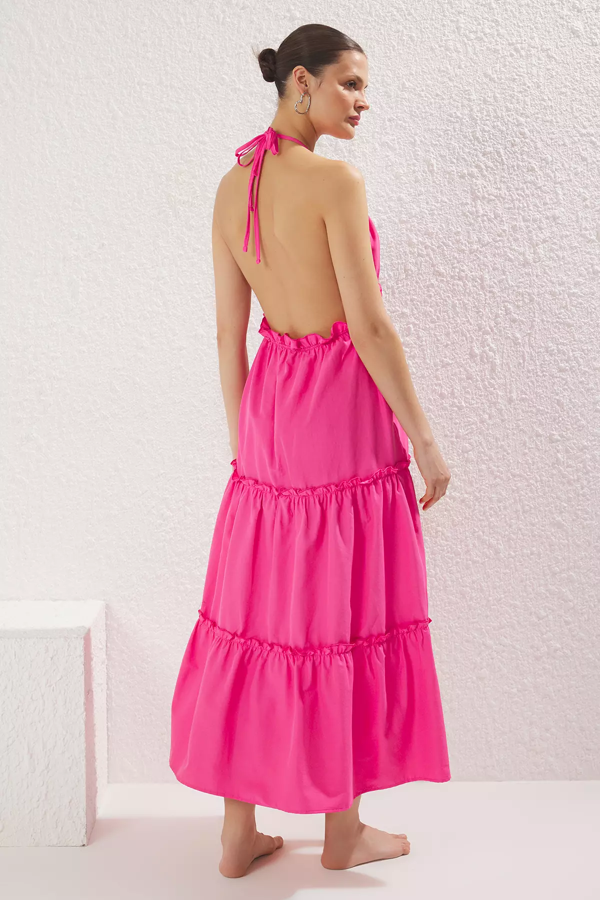 Pink Striped Maxi Woven Ruffle Beach Dress