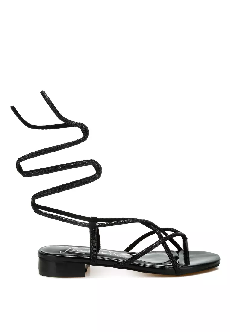 Discount on London Rag  shoes - SKU: Rhinestone Embellished Lace-Up Sandals in Black