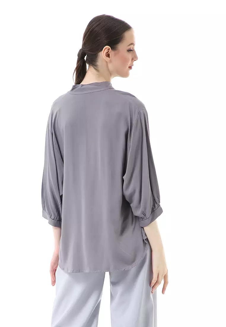 Ghita Kemeja Atasan Wanita Motif Polos Long Sleeve High Quality - Abu Tua