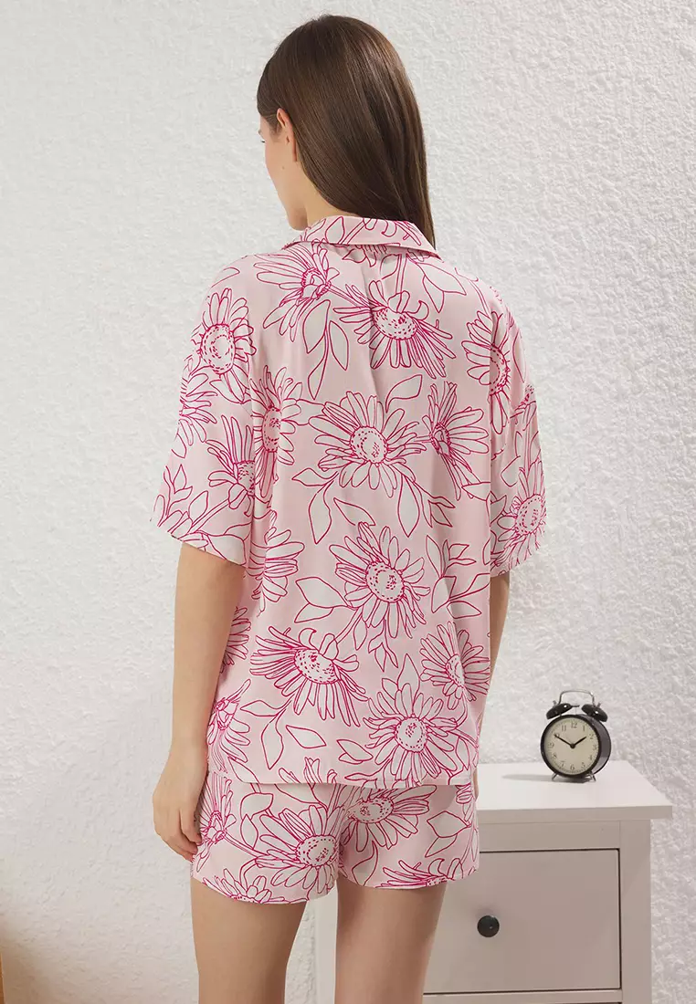 Pink Floral Viscose Shorts Woven Pajama Set THMSS25PT00305