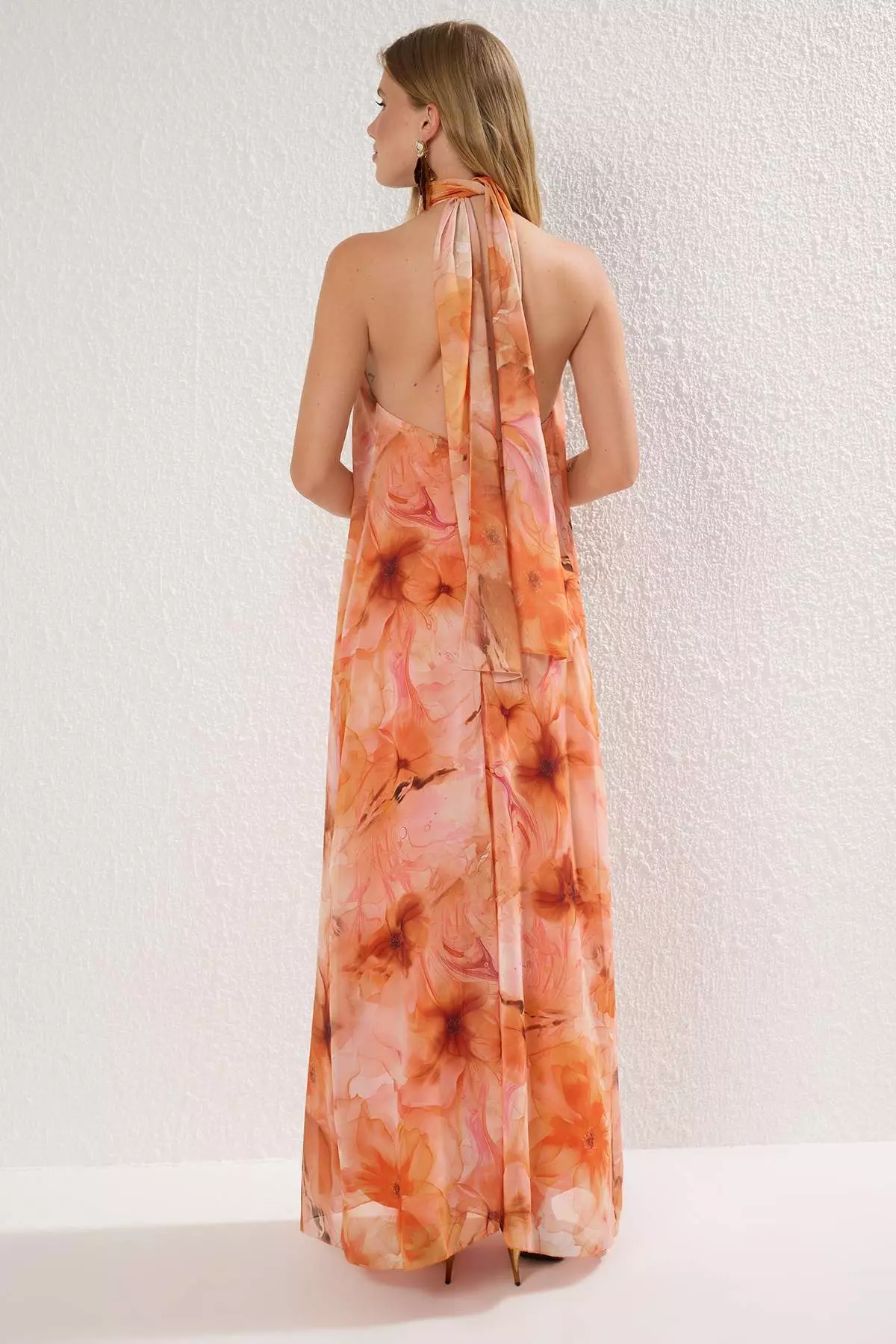 Orange Abstract Patterned Lined Chiffon Long Stylish Evening Dress