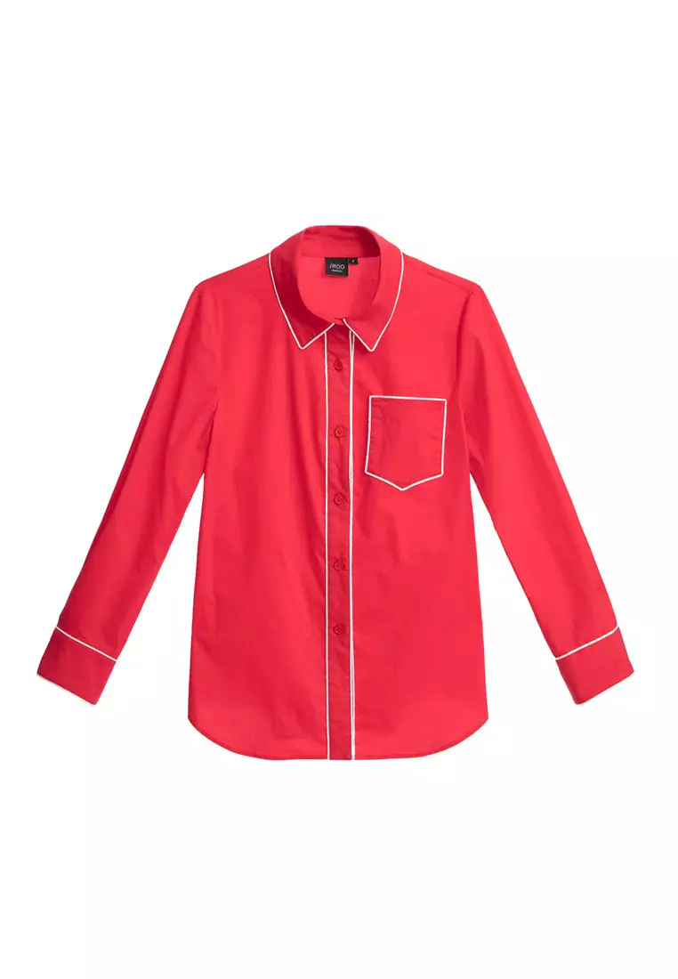 Red Blouse With Contrast White Trim Detail
