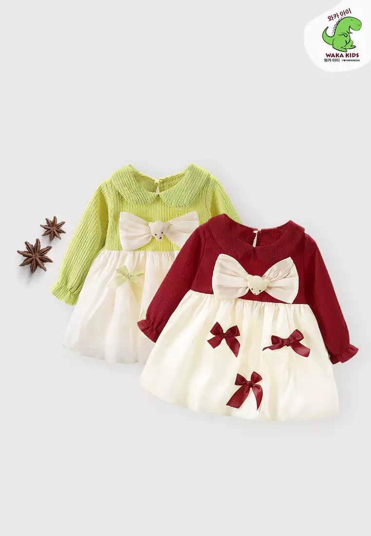 Wakakids Dress Bayi Anak Perempuan Lengan Panjang Gaun Balon Pesta Ribbon Bear 4435 Venrz Hijau