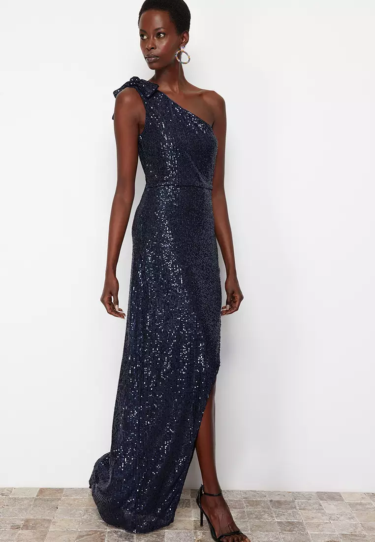 Single Sleeve Sequin Long Elegant Evening Dress