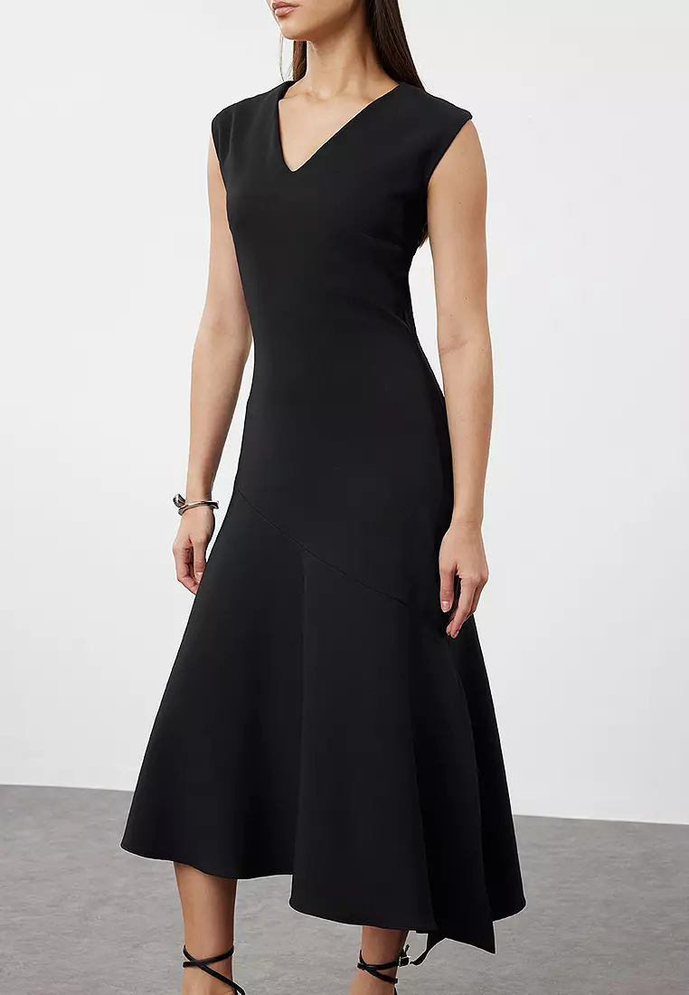 V-Neck Asymmetrical Midi Dress