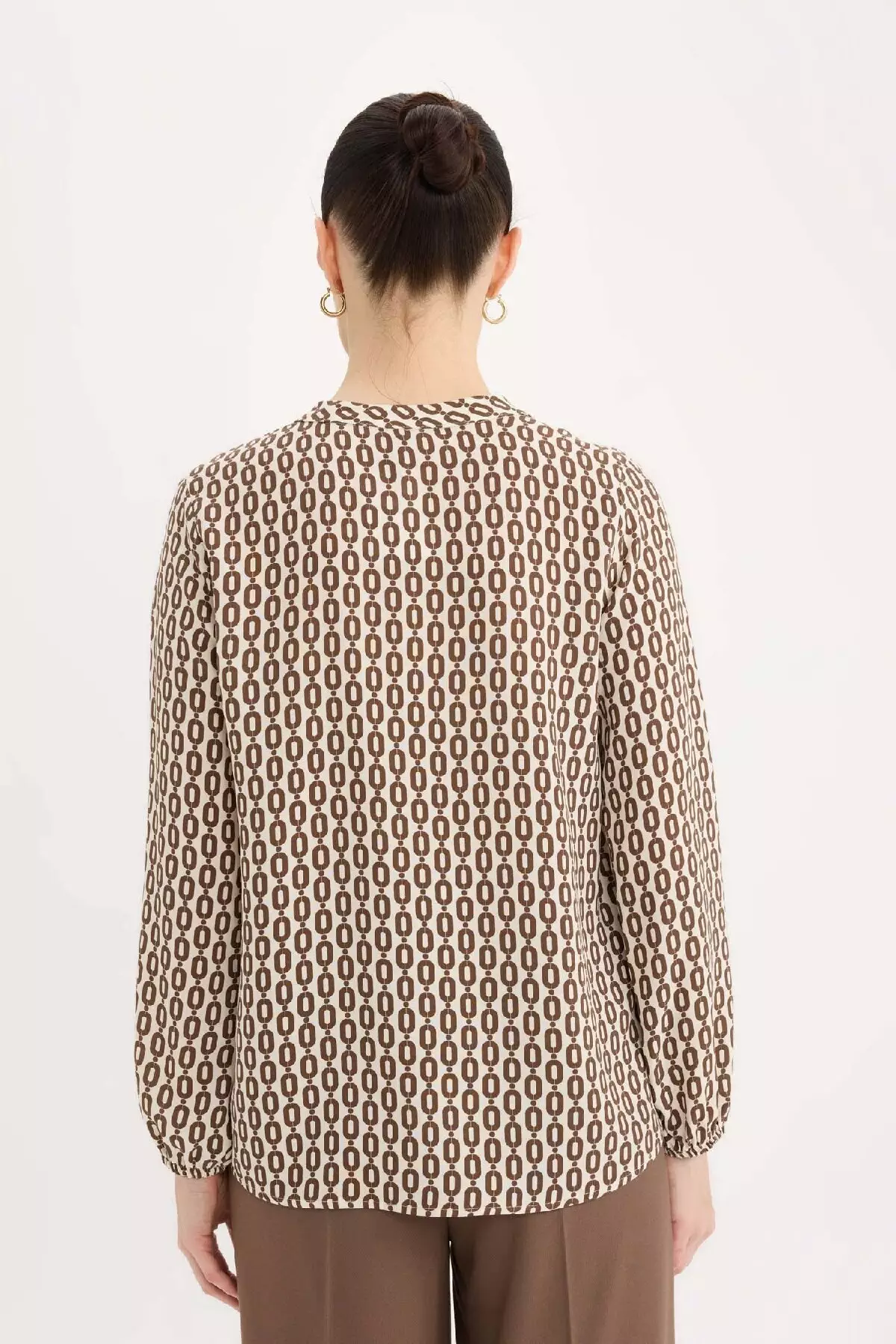 Regular Fit Lace-Up Collar Patterned Long Sleeve Blouse N1809Az25Sp