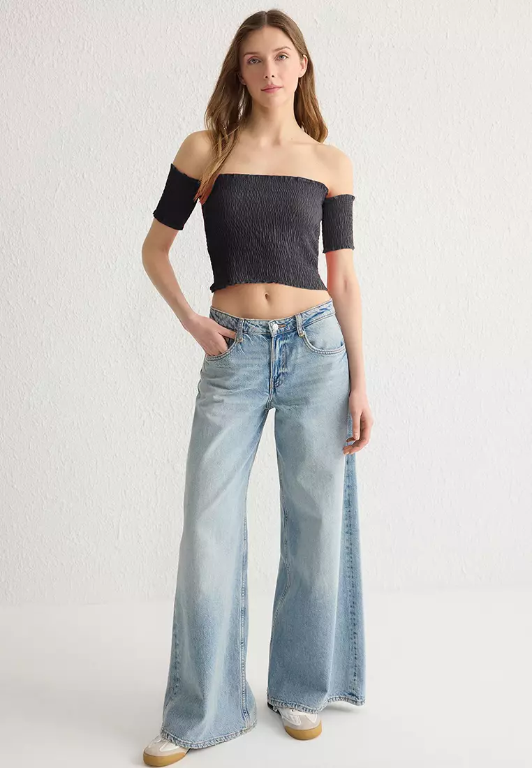 Anthracite Fitted Carmen Collar Crop Gipel Flexible Knitted Blouse