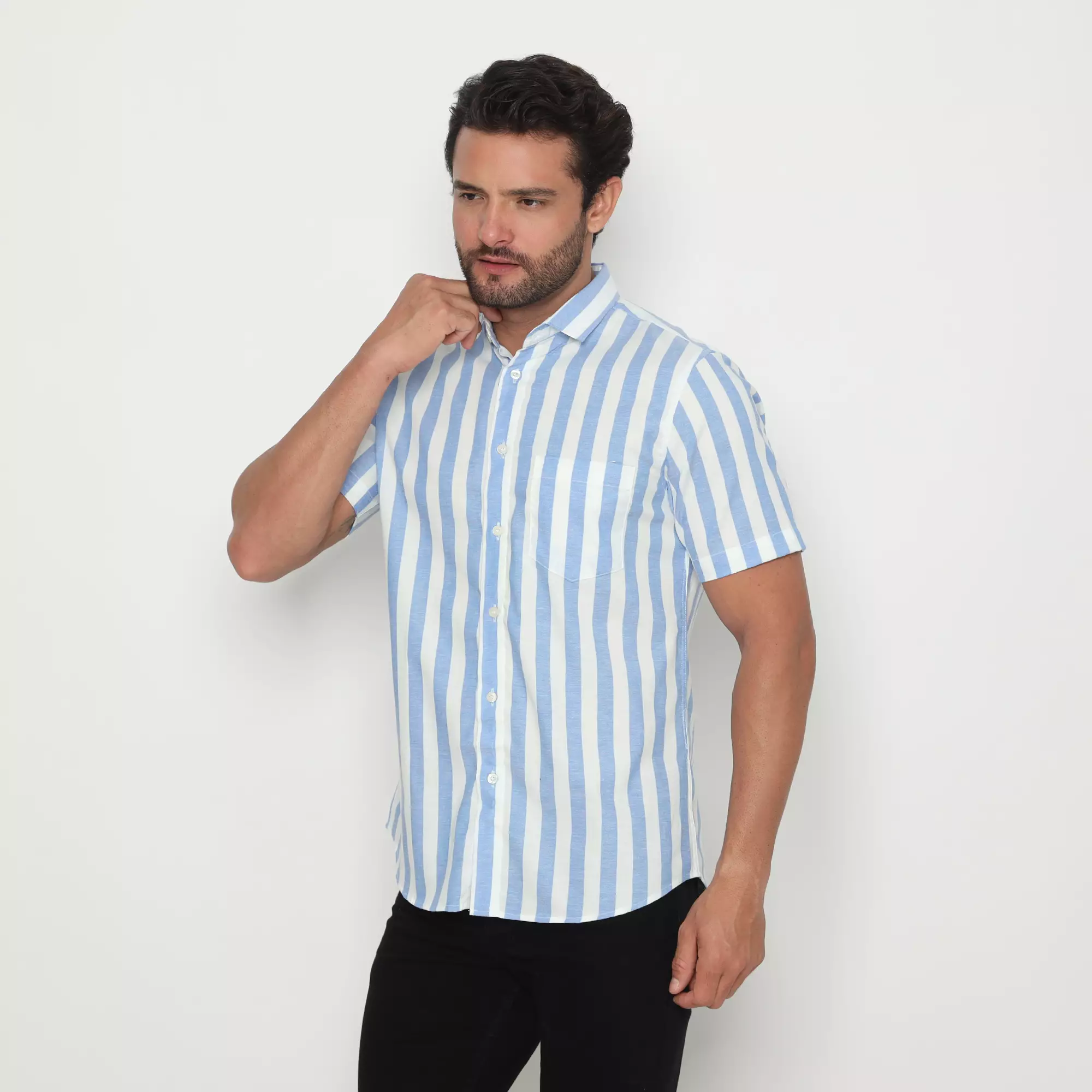 Platini Kemeja Motif Salur Pria Lengan Pendek Katun Biru 73341.02