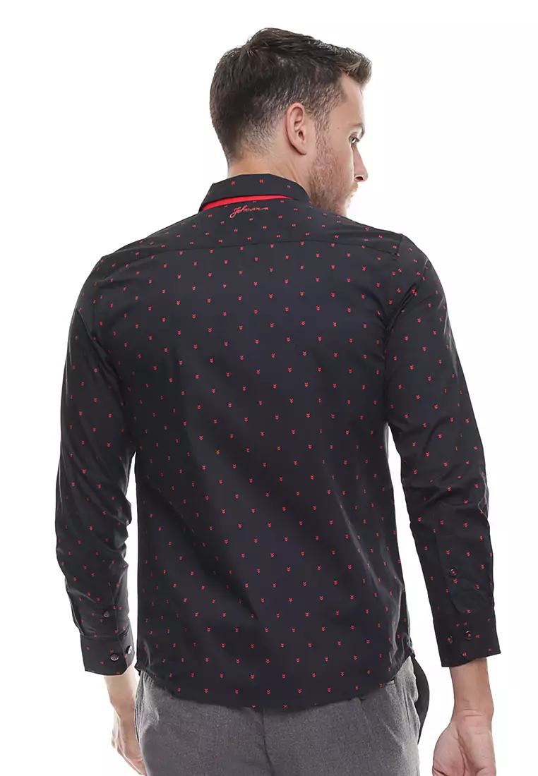 Johnwin - Kemeja Casual - Pria - Lengan Panjang - Hitam - Polkadot Merah