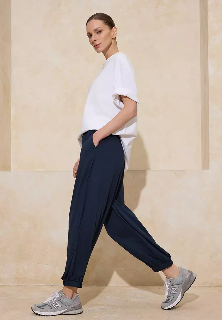 Anthracite Plain Carrot/Shalwar Ruched Regular Waist Piqué Knitted Trousers Twoss26Pl4