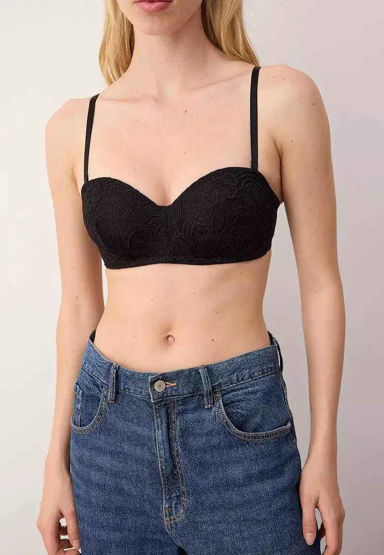 Black Micro Lace Detailed Covered Strapless Knitted Bra