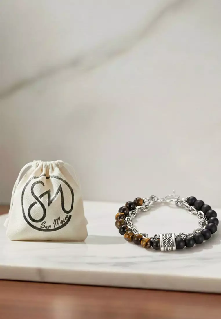 Aksesoris Gelang Pria Tiger eye Beaded Natural Stone Stainless Steel Chain Bracelet Black , Brown & Silver