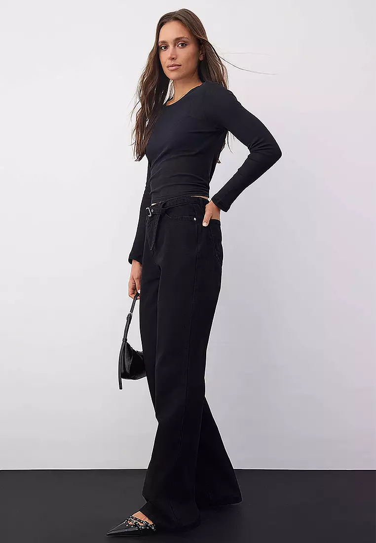 High Waist Eyelet Detail Belted Wide Leg Palazzo Jeans