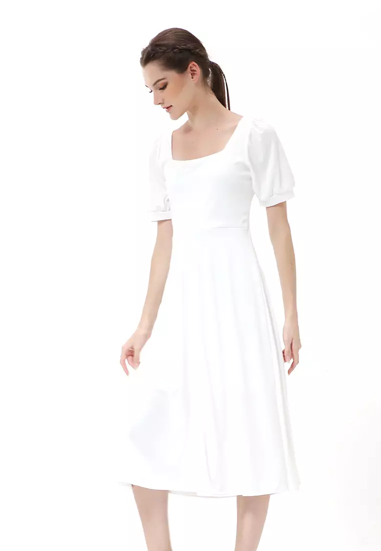 Rachel Long Dress Wanita Lengan Pendek Motif Polos Material Cotton ORIGINAL - White